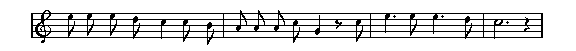 [notes:|^e' ^e' ^e' ^d' ^c ^c'  b' | a'  a  ^c' g > ^c' | ^e. ^e' ^e. ^d'| (^c). } |]