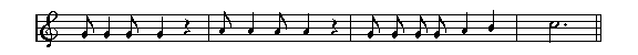 [notes:| g' g   g'  g } | a' a   a' a' } | g' g' g' g'  a   b | (^c). ||]